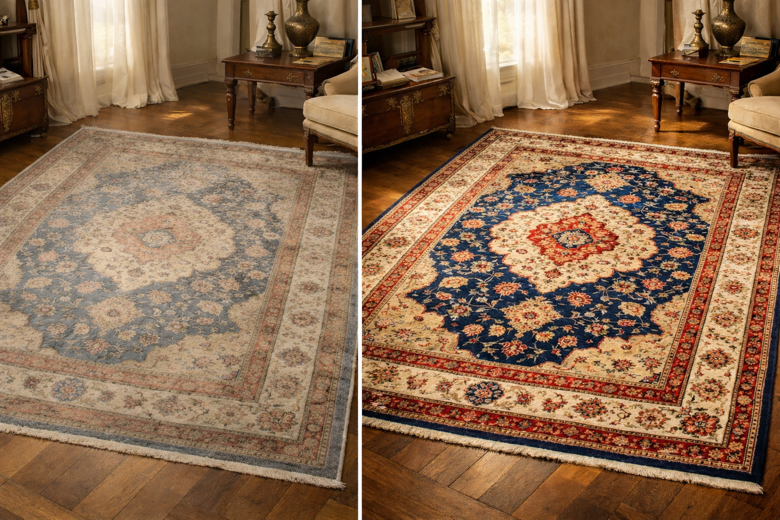 Vorher/Nachher Veredelung – Teppich wirkt ruhiger und hochwertiger